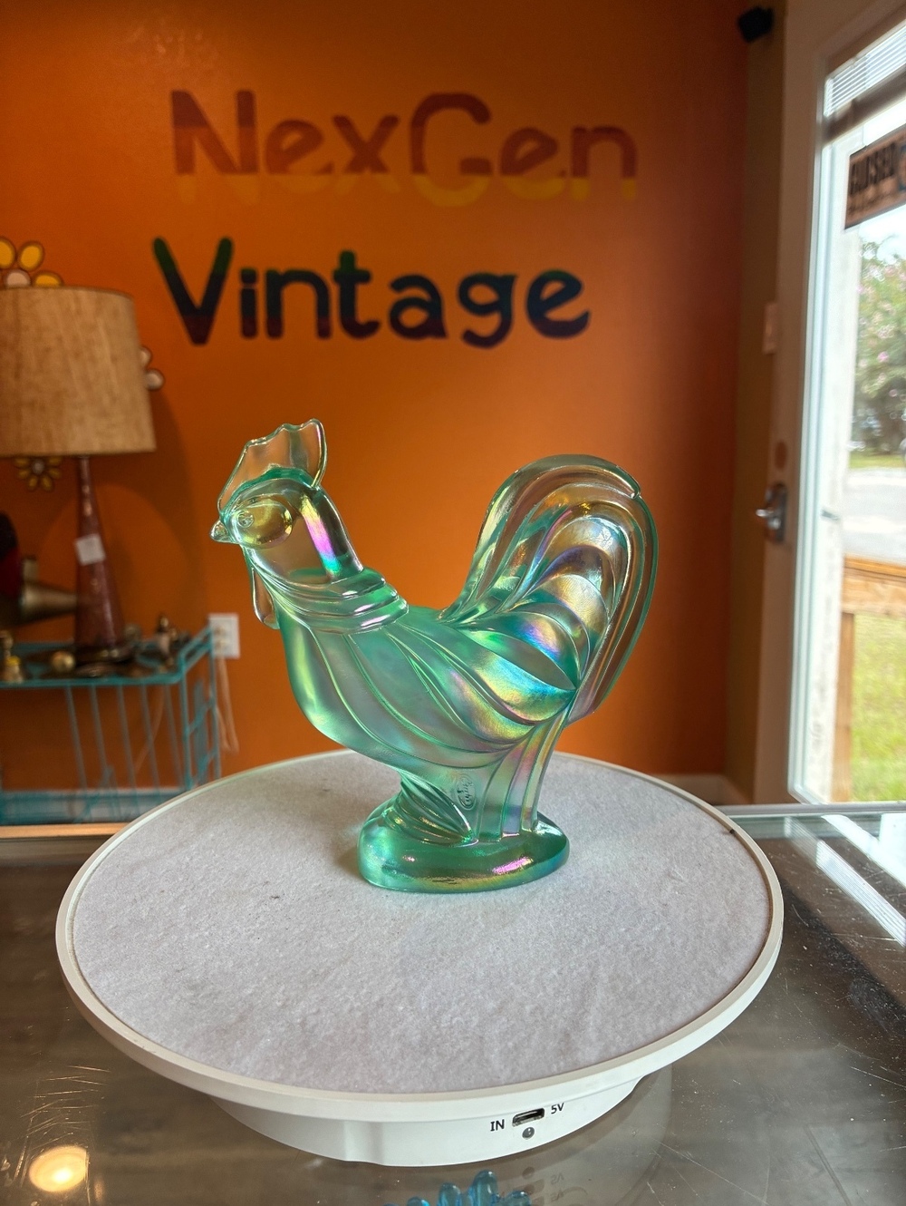 Vintage Fenton Aquamarine Carnival Glass Rooster Figurine Iridescent